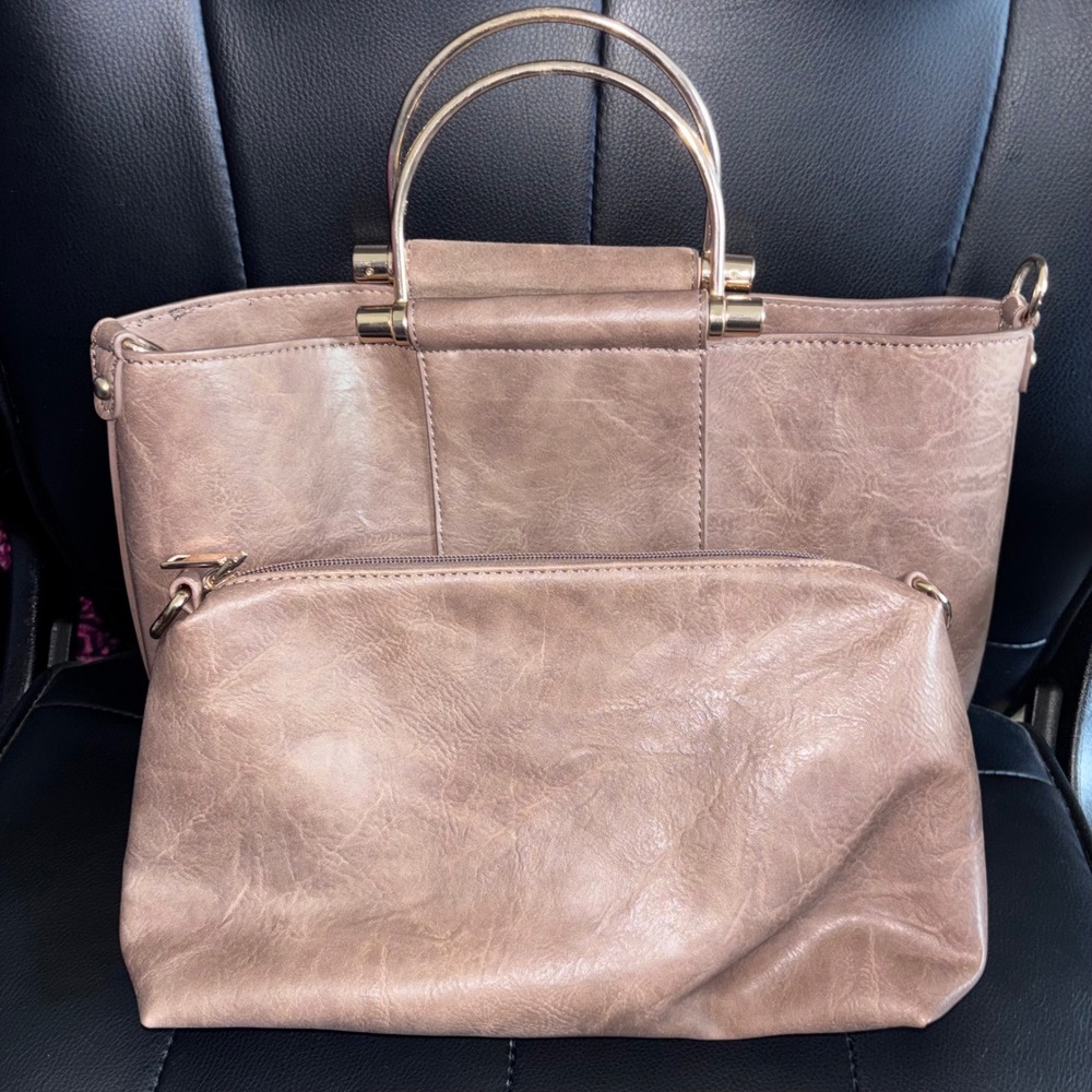 Madison West Taupe Satchel Handbag Matching MakeUp Bag Minimalist